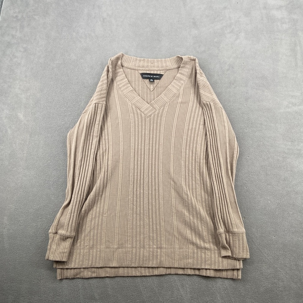 Andrew Marc Shirt Top Womens Small Taupe Ribbed Knit Design Drop Shoulder V-Neck
